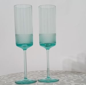 Tiffany & Co. 💙 Rare Blue Diamond Point Champagne Flute 2 Crystal Glass Flutes